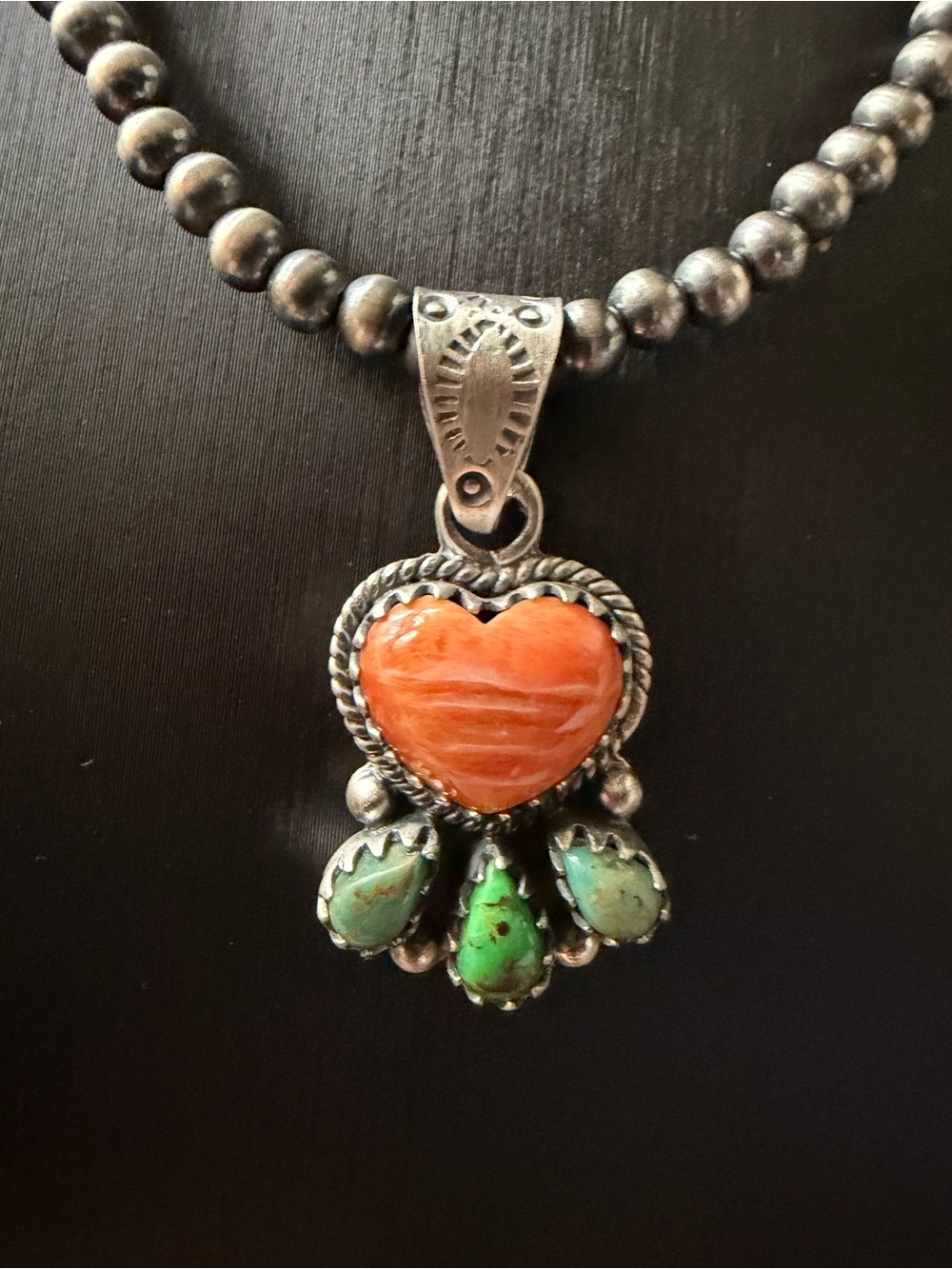 Sterling Silver Heart Pendant with Orange Spiny Coral and Green Turquoise